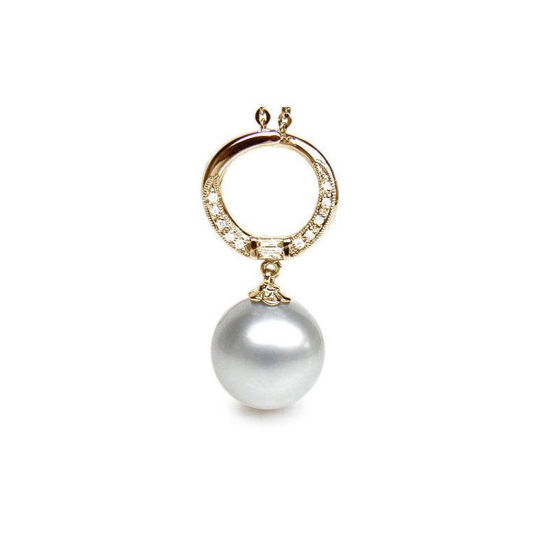 Pendentif anneau or jaune diamanté - Perle d'Australie blanche - 1