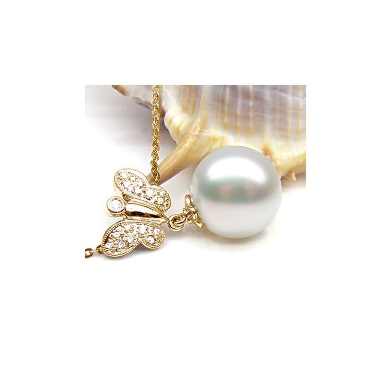 Pendentif papillon or jaune - Perle d'Australie blanche - Diamants - 2