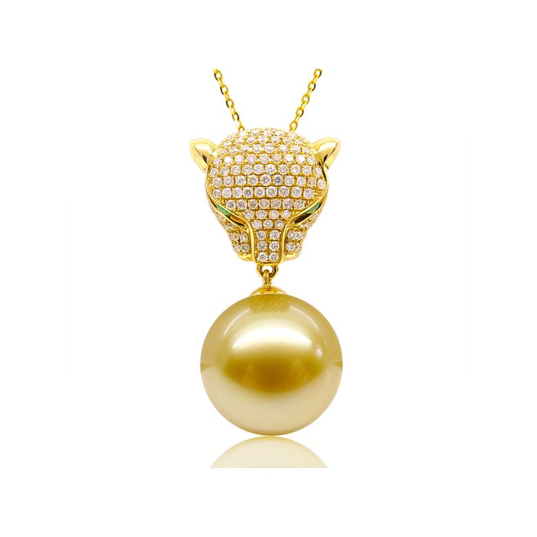 Pendentif Panthère Perle d'Australie dorée. Or jaune et Diamants - 1
