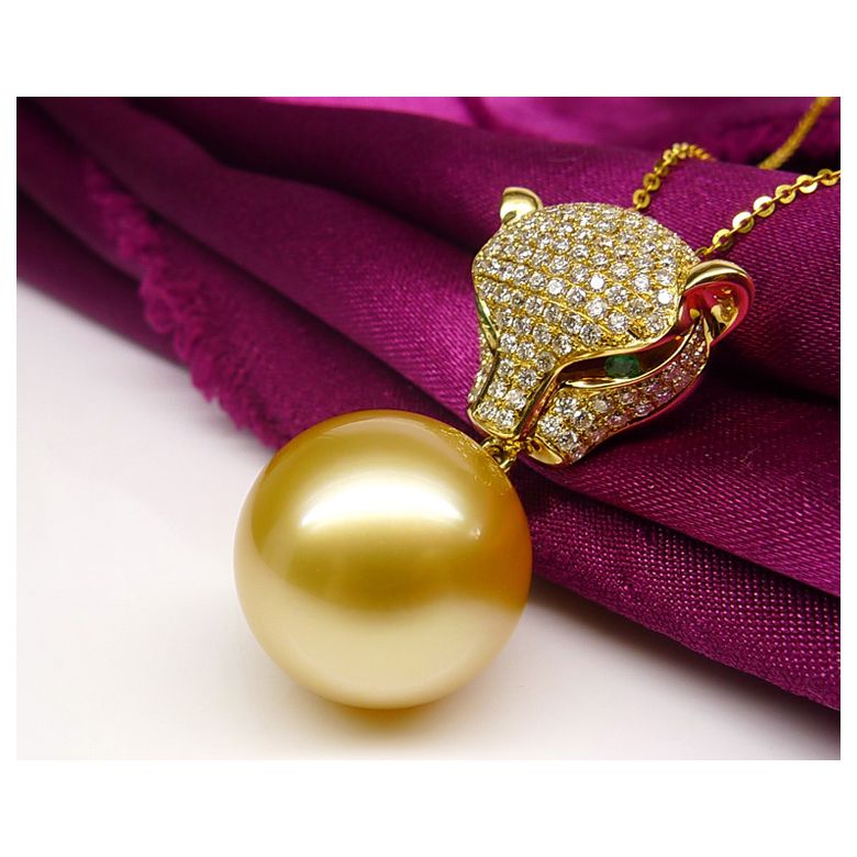 Pendentif Panthère Perle d'Australie dorée. Or jaune et Diamants - 4
