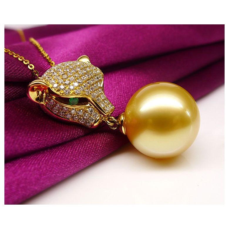 Pendentif Panthère Perle d'Australie dorée. Or jaune et Diamants - 5