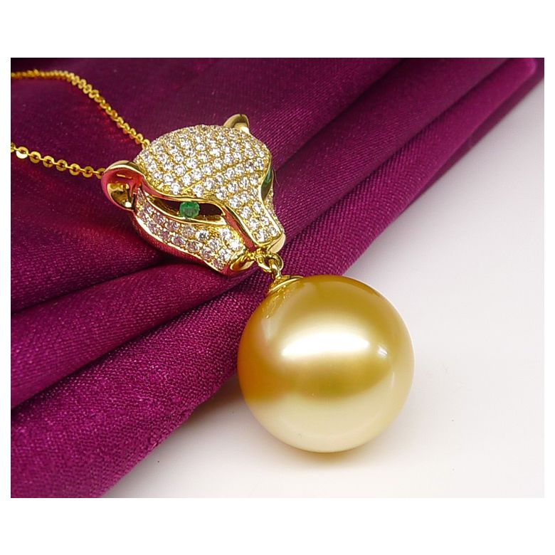 Pendentif Panthère Perle d'Australie dorée. Or jaune et Diamants - 7