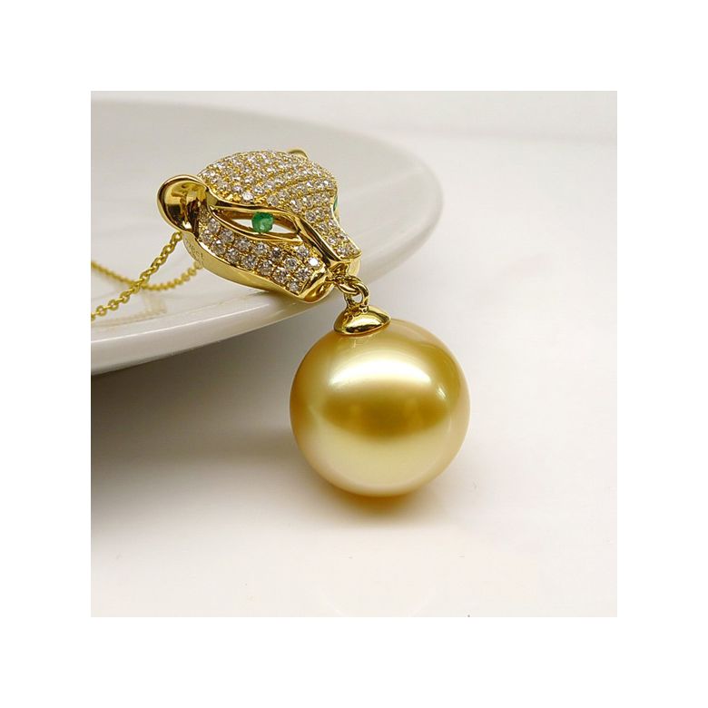Pendentif Panthère Perle d'Australie dorée. Or jaune et Diamants - 2