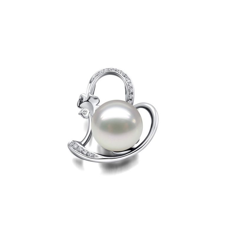 Pendentif perle d'Australie or blanc et diamant - Coeur de trèfle - 1