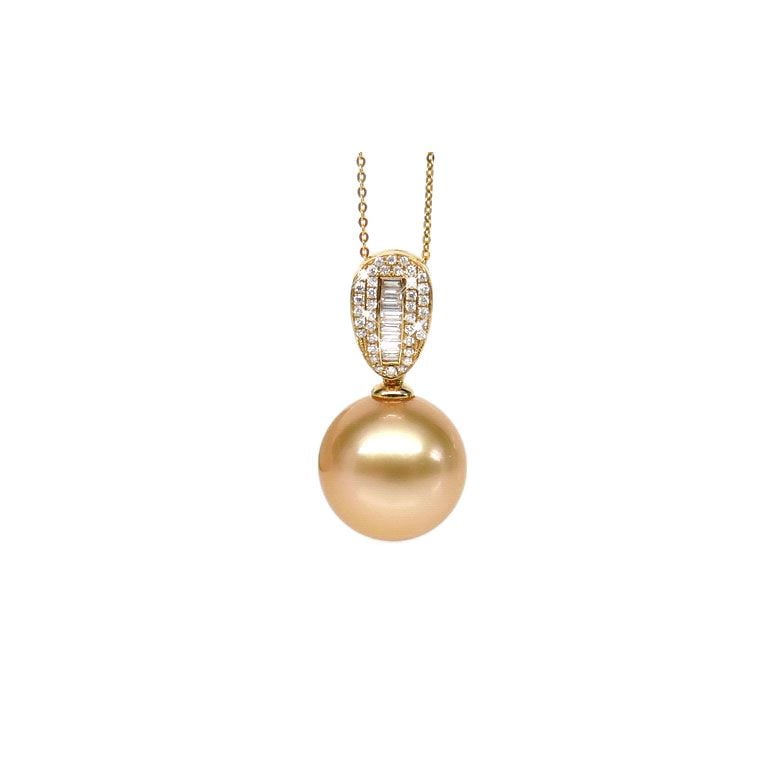 Pendentif perle d'Australie dorée - Or jaune - Diamants ronds, baguettes - 1