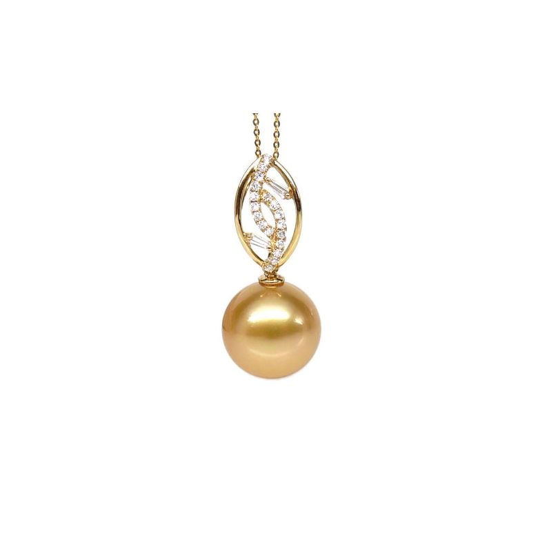 Pendentif feuilles d'or diamantées - Perle d'Australie dorée - 1