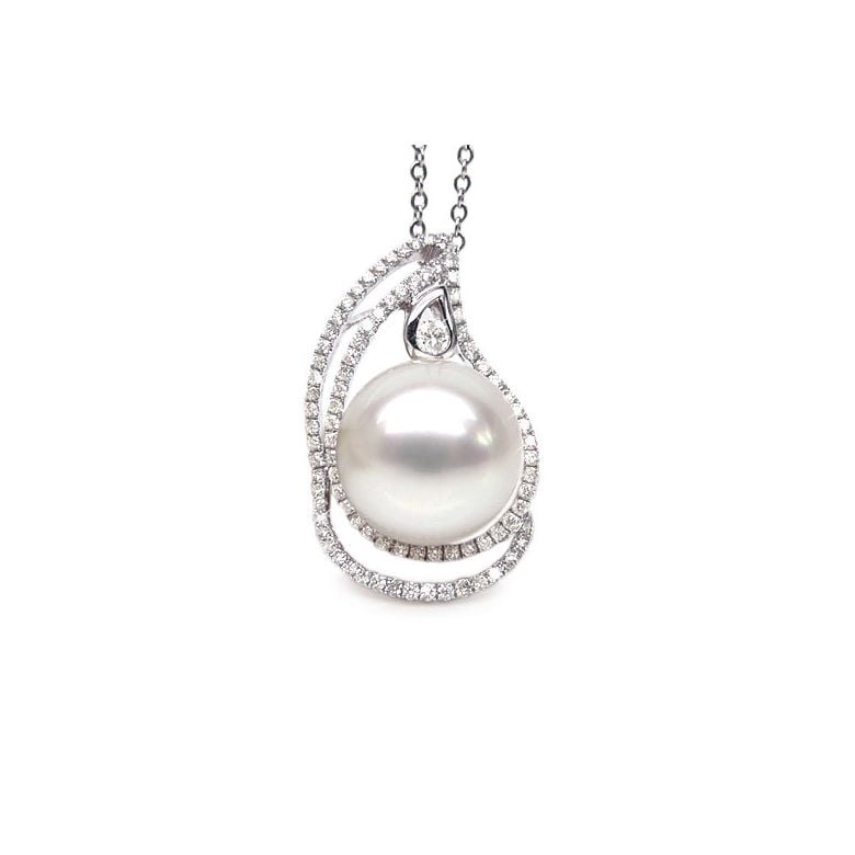 Pendentif goutte d'or blanc et diamants - Perle d'Australie blanche - 1