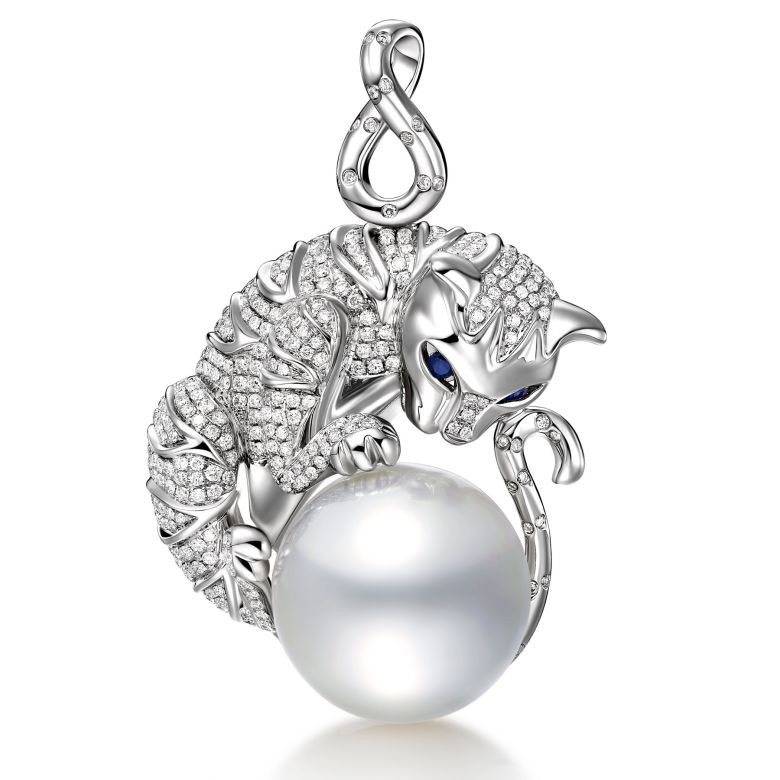 Pendentif Chat - Perle d'Australie, or, diamants - Kingdom of Animals - 1