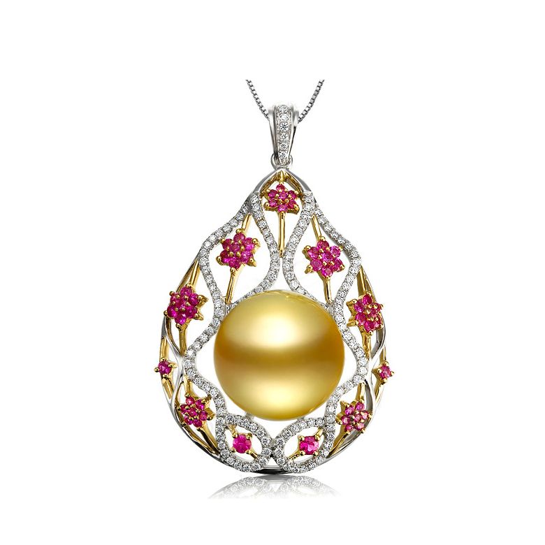 Pendentif souverain - Perle Australie - Deux ors, diamants, saphirs - 1