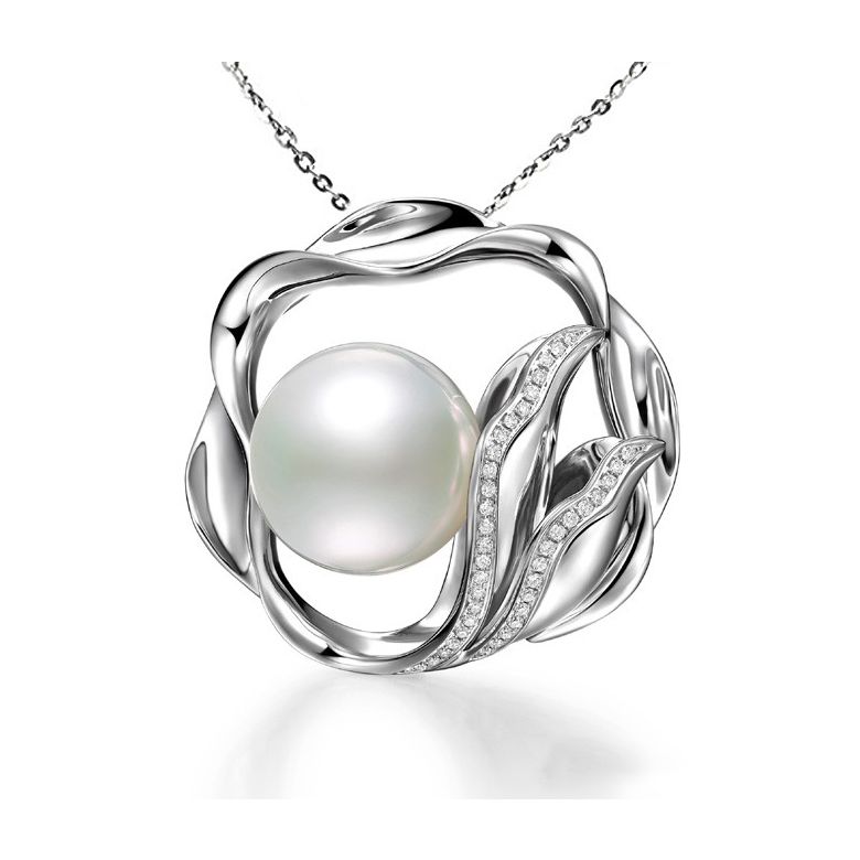 Pendentif fleur de lotus - Perle d'Australie, or blanc, diamants - 1