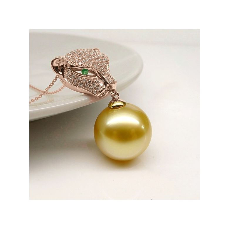 Pendentif Panthère Perle d'Australie dorée. Or rose et Diamants - 2