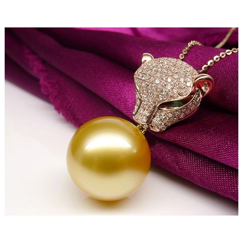 Pendentif Panthère Perle d'Australie dorée. Or rose et Diamants - 4