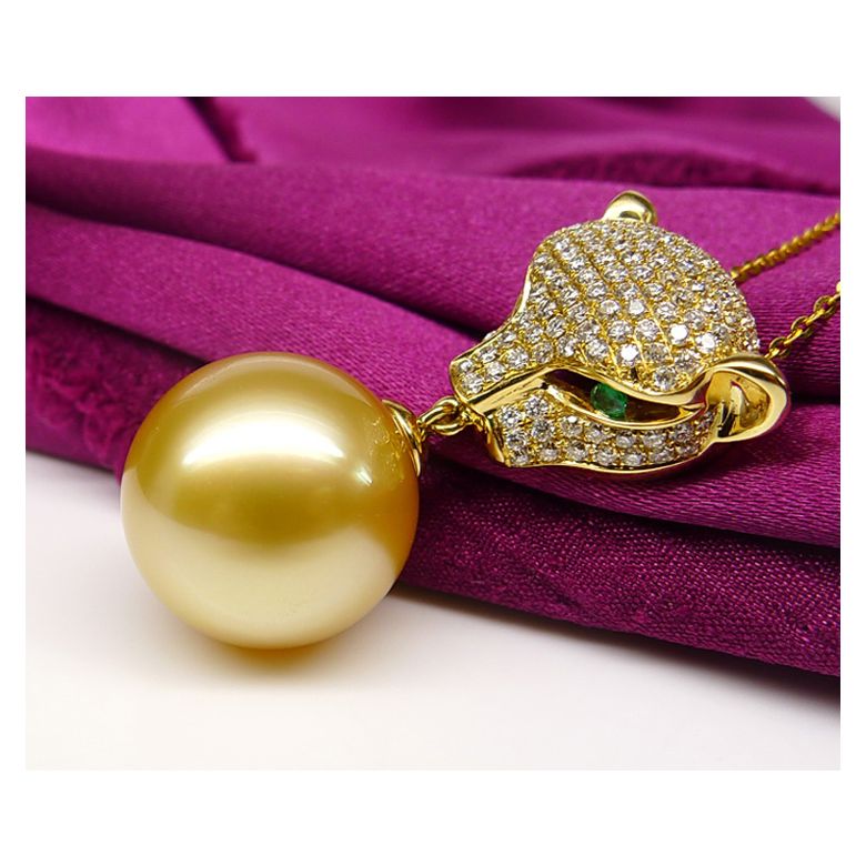 Pendentif Panthère Perle d'Australie dorée. Or rose et Diamants - 6