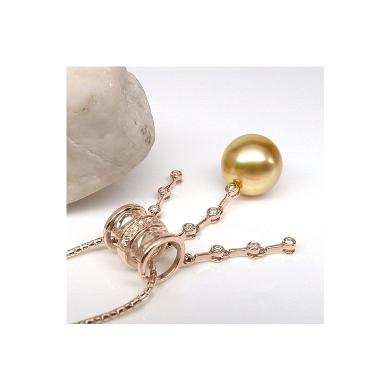 Pendentif luxe ethnique - Perle d'Australie dorée - Or rose, diamants - 3