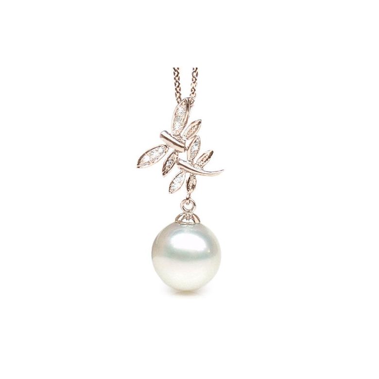Pendentif libellules - Perle d'Australie blanche - Or rose, diamants - 2