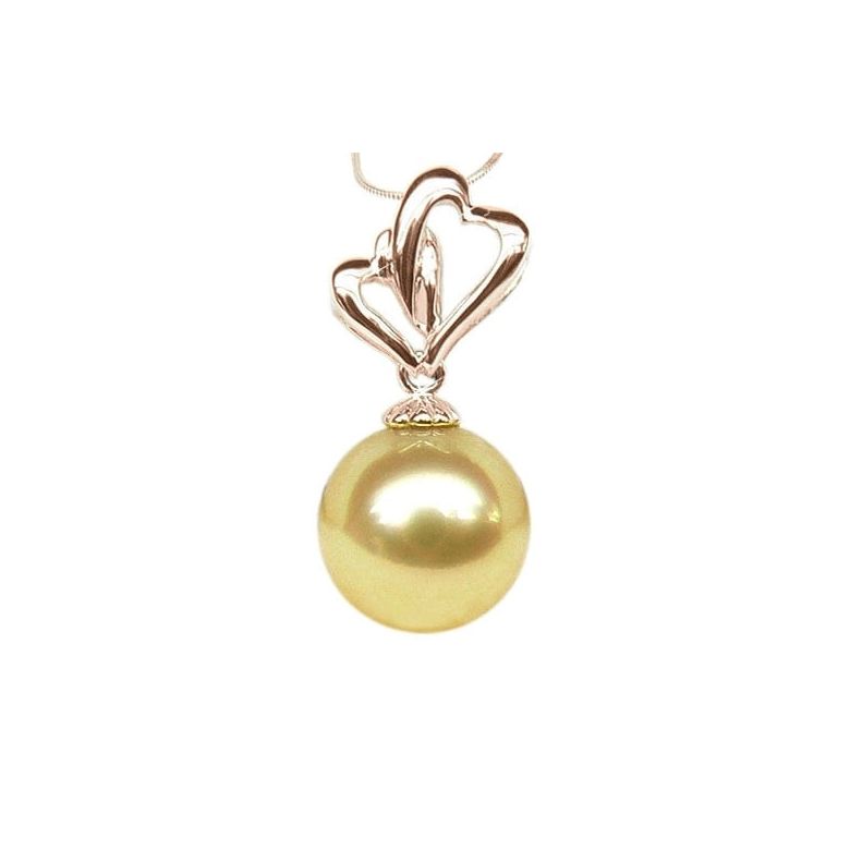 Pendentif 2 coeurs d'or rose - Perle d'Australie dorée - 2