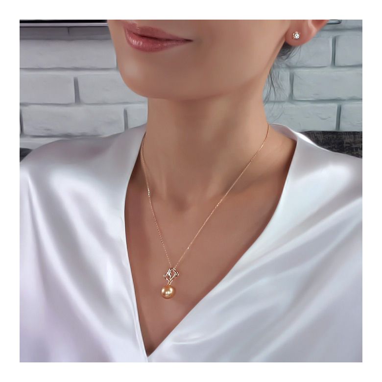 Pendentif 2 coeurs d'or rose - Perle d'Australie dorée - 1