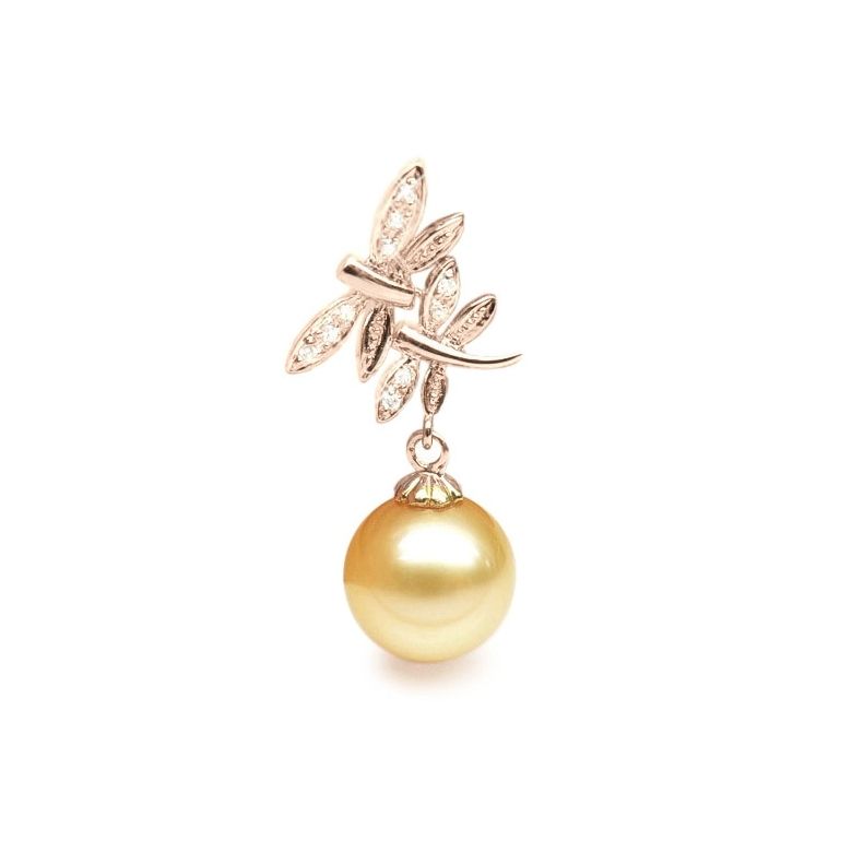 Pendentif libellule - Couple de libellules - Perle Australie, or rose - 1