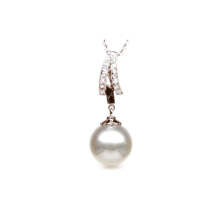 Pendentif or et diamants - Perle d'Australie blanche - or rose - 1