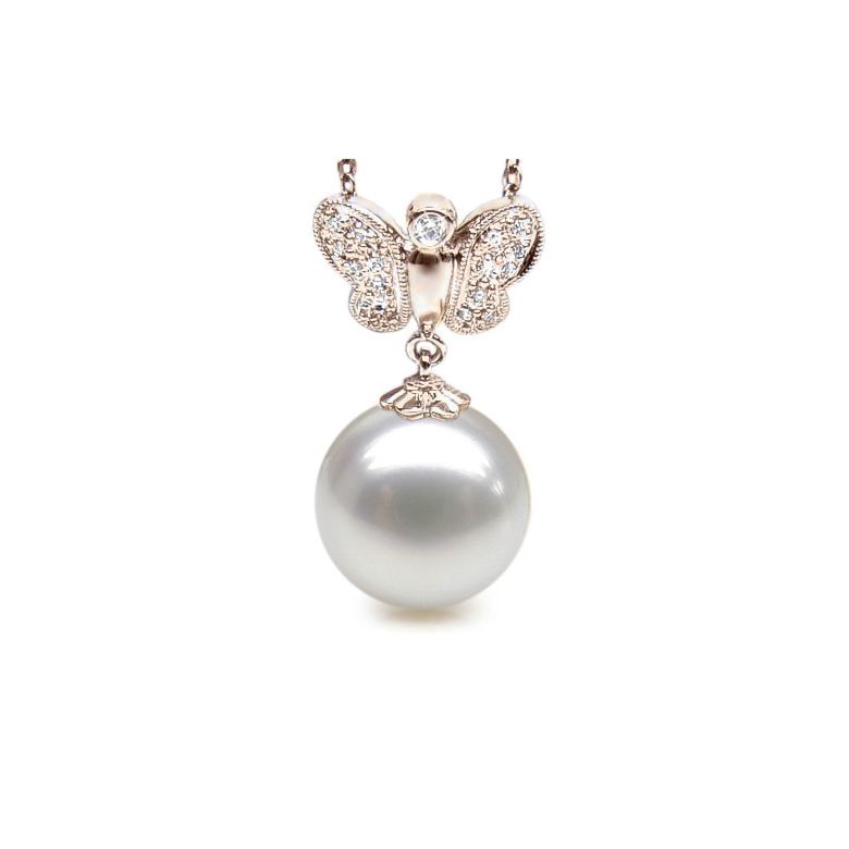 Pendentif papillon or rose - Perle d'Australie blanche - Diamants - 1