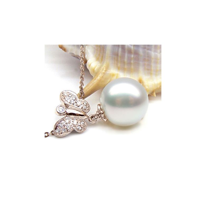 Pendentif papillon or rose - Perle d'Australie blanche - Diamants - 2