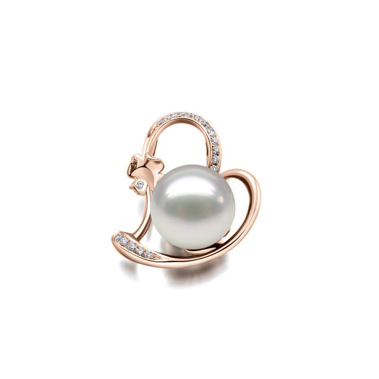 Pendentif perle d'Australie or rose et diamant - Coeur de trèfle - 1