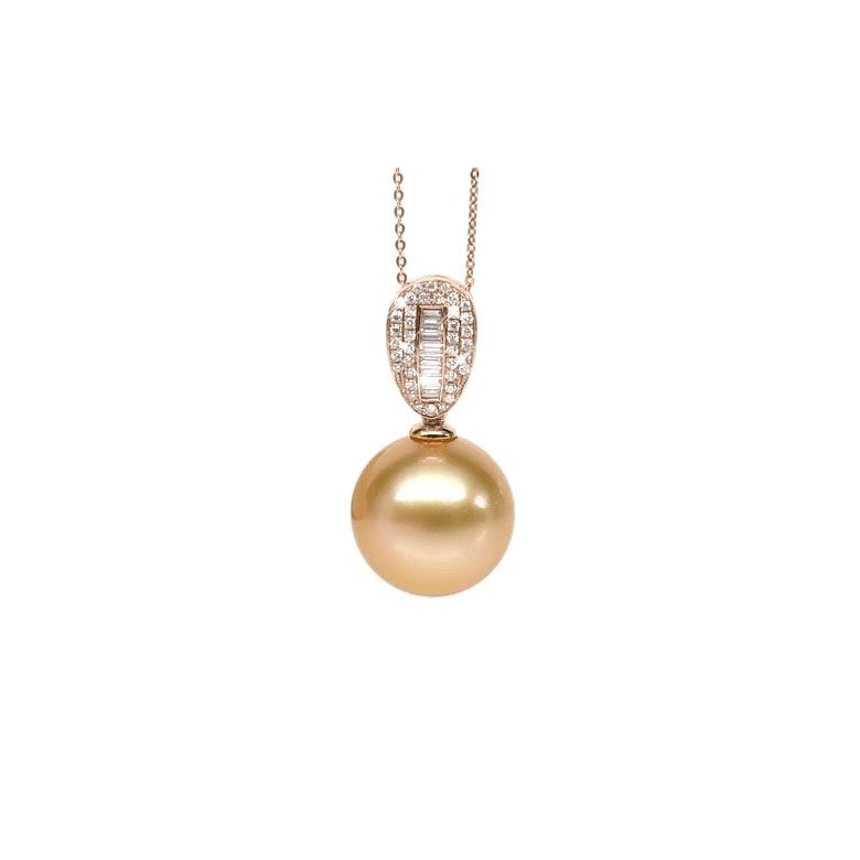 Pendentif perle d'Australie dorée - Or rose - Diamants ronds, baguettes - 1