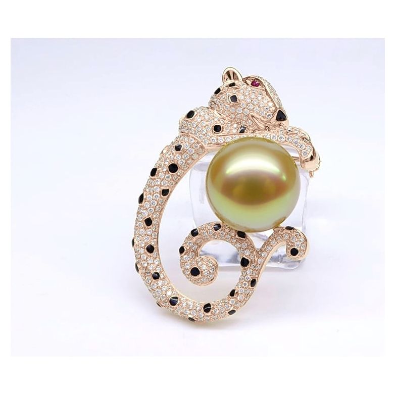 Pendentif Léopard. Perle d'Australie Dorée, Or rose, Diamants - 3