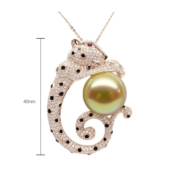 Pendentif Léopard. Perle d'Australie Dorée, Or rose, Diamants - 10