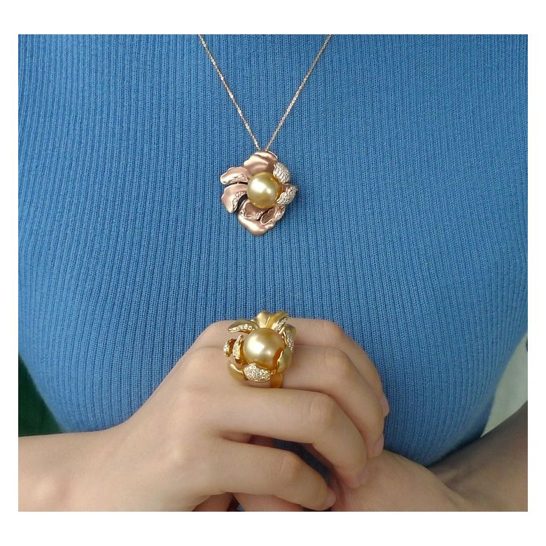 Pendentif Pivoine Or rose. Perle dorée. Diamants - 2