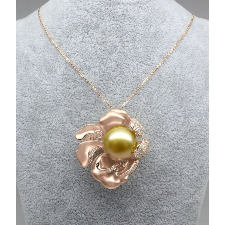 Pendentif Pivoine Or rose. Perle dorée. Diamants - 3