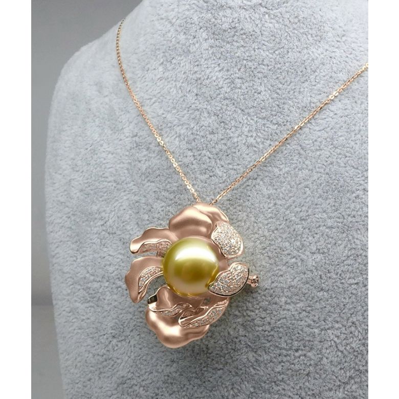 Pendentif Pivoine Or rose. Perle dorée. Diamants - 6