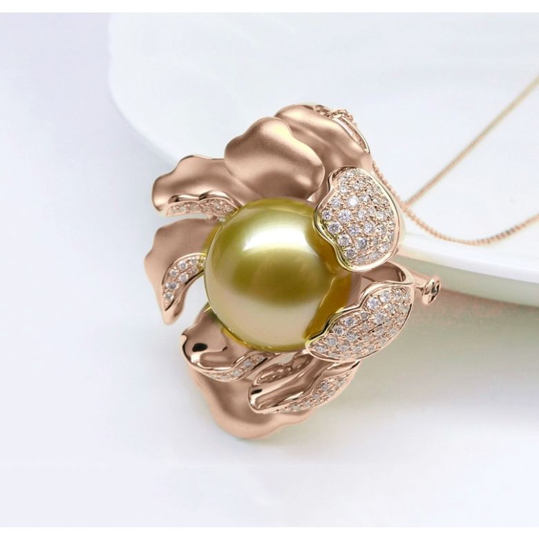 Pendentif Pivoine Or rose. Perle dorée. Diamants - 8