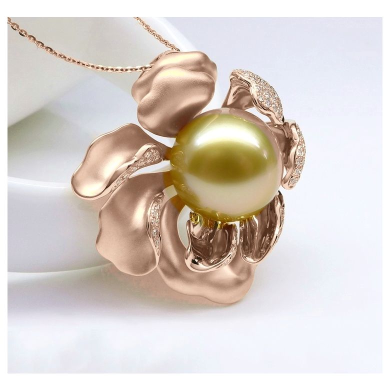 Pendentif Pivoine Or rose. Perle dorée. Diamants - 9