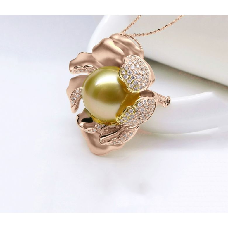 Pendentif Pivoine Or rose. Perle dorée. Diamants - 10