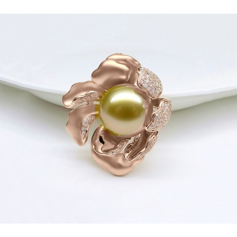 Pendentif Pivoine Or rose. Perle dorée. Diamants - 11