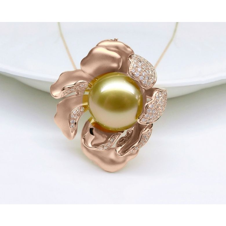 Pendentif Pivoine Or rose. Perle dorée. Diamants - 12