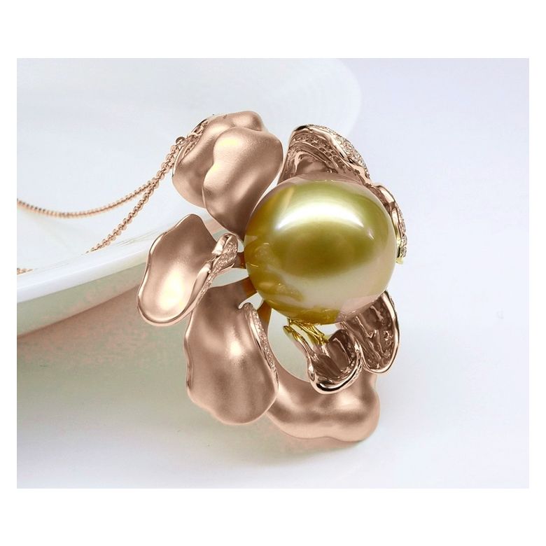 Pendentif Pivoine Or rose. Perle dorée. Diamants - 13