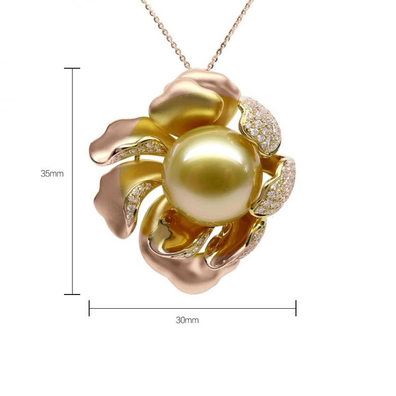 Pendentif Pivoine Or rose. Perle dorée. Diamants - 14