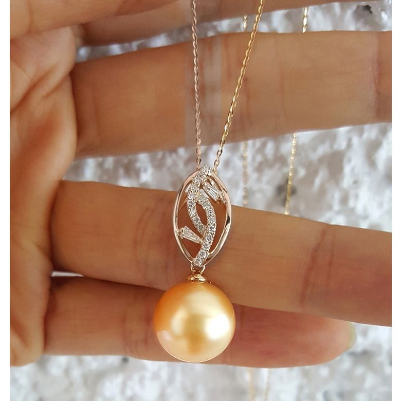 Pendentif feuilles d'or diamantées - Perle d'Australie dorée or rose - 3