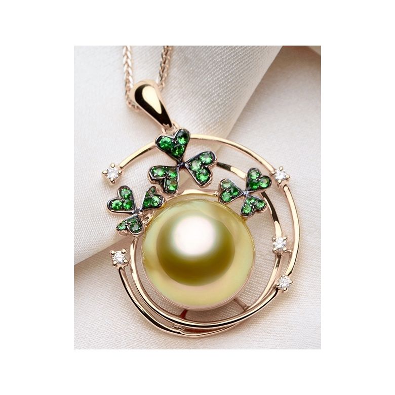 Pendentif jardin d'été. Perle d'Australie, diamants, grenat vert or rose - 4