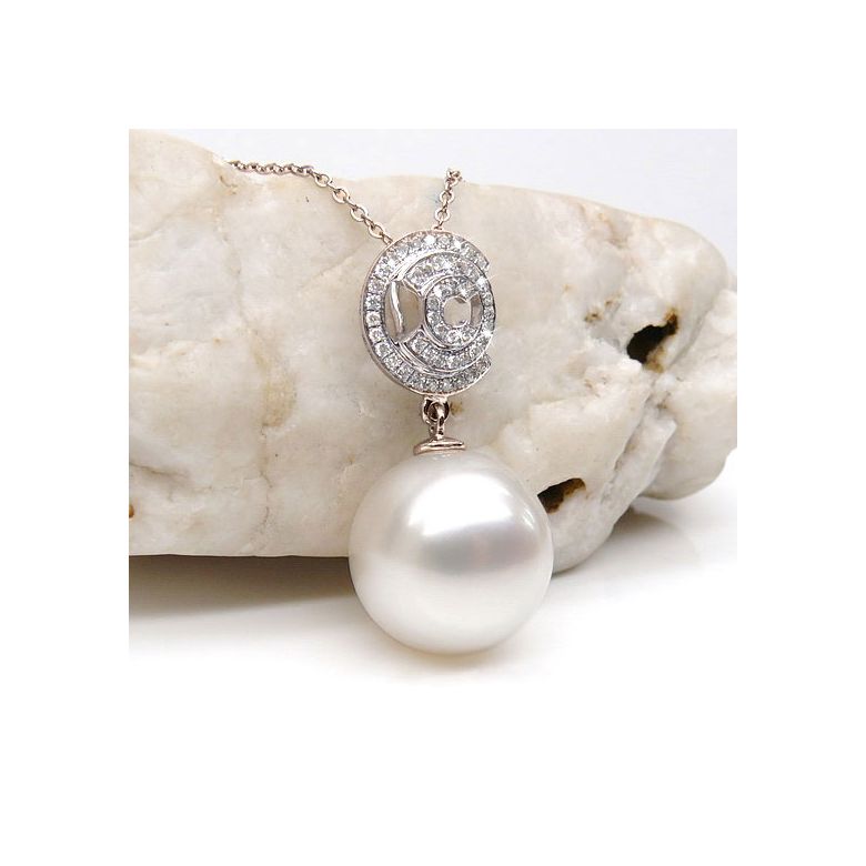 Pendentif 3C - Or rose et diamants - Perle d'Australie blanche - 2