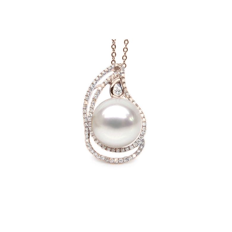 Pendentif goutte d'or rose et diamants - Perle d'Australie blanche - 1