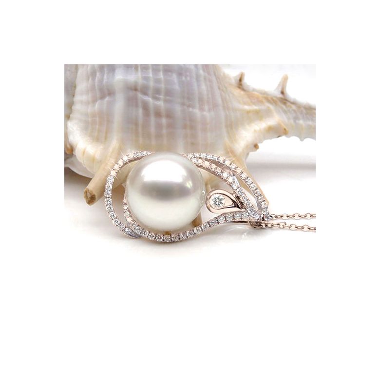 Pendentif goutte d'or rose et diamants - Perle d'Australie blanche - 2