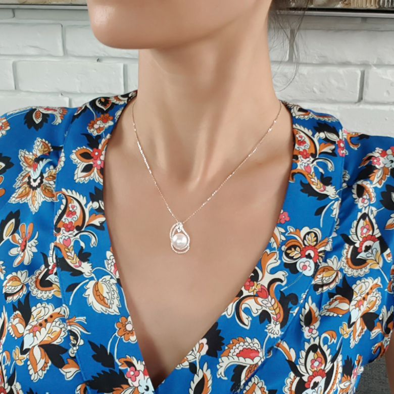Pendentif goutte d'or rose et diamants - Perle d'Australie blanche - 4