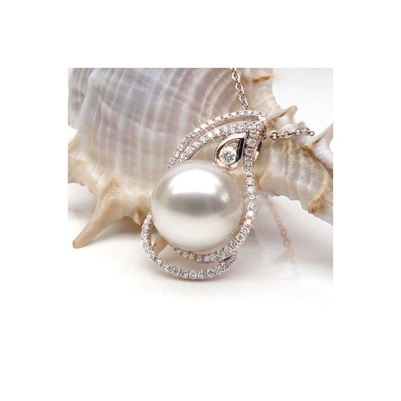 Pendentif goutte d'or rose et diamants - Perle d'Australie blanche - 3