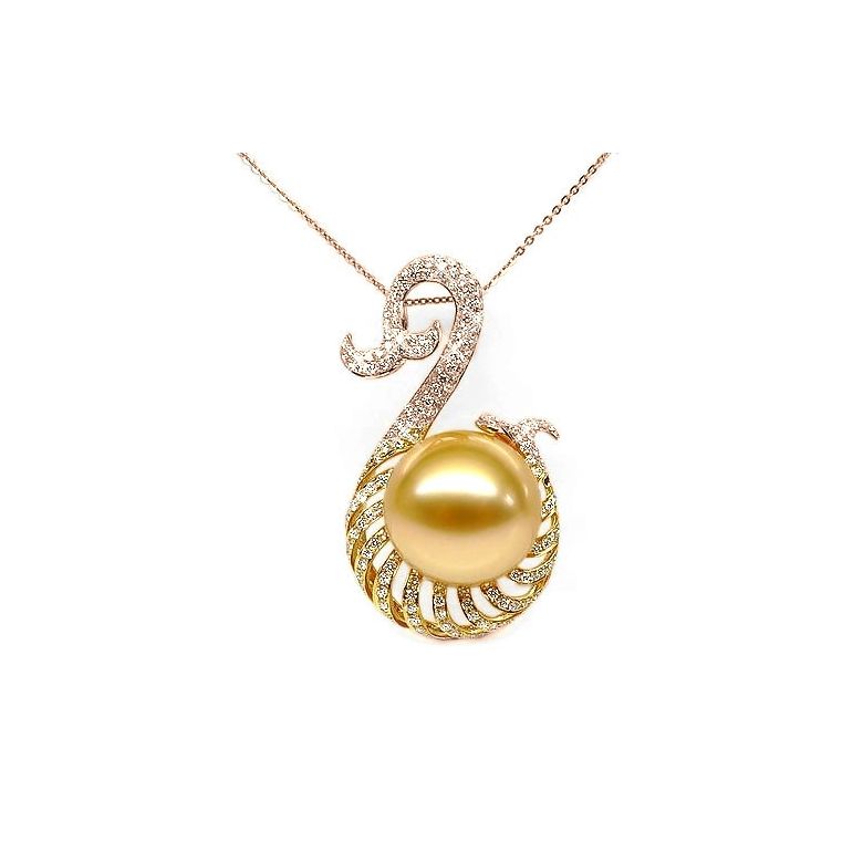 Pendentif faune aquatique - Perle d'Australie dorée - Or, diamants or rose - 1