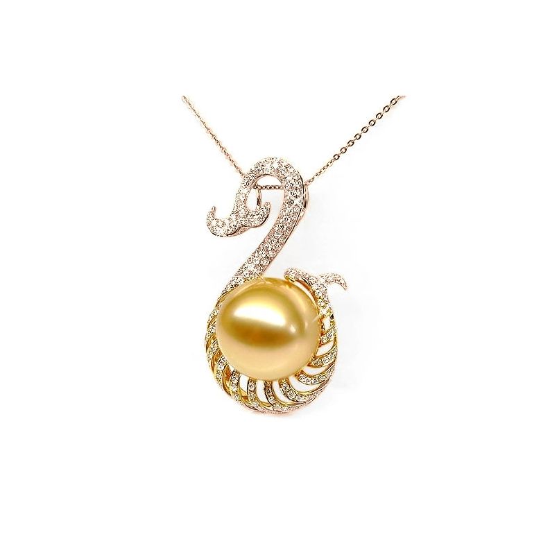 Pendentif faune aquatique - Perle d'Australie dorée - Or, diamants or rose - 2