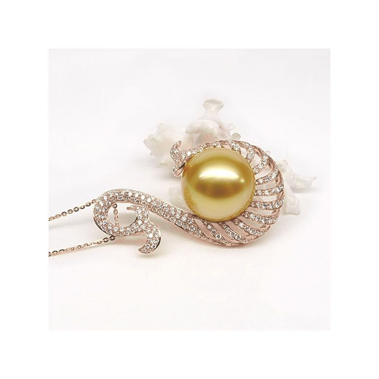 Pendentif faune aquatique - Perle d'Australie dorée - Or, diamants or rose - 5