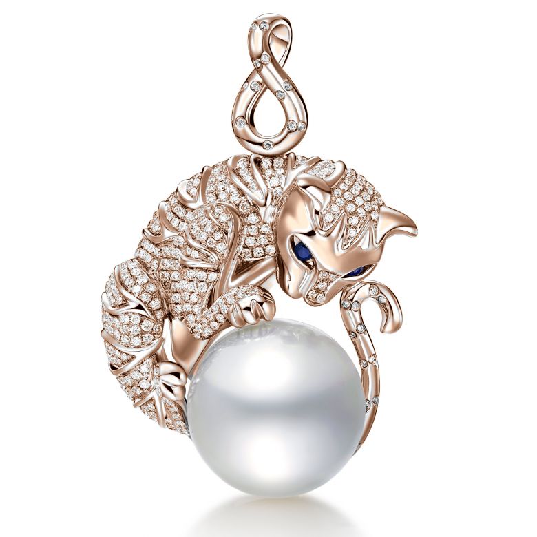 Pendentif Chat - Perle d'Australie, or, diamants - Kingdom of Animals or rose - 1